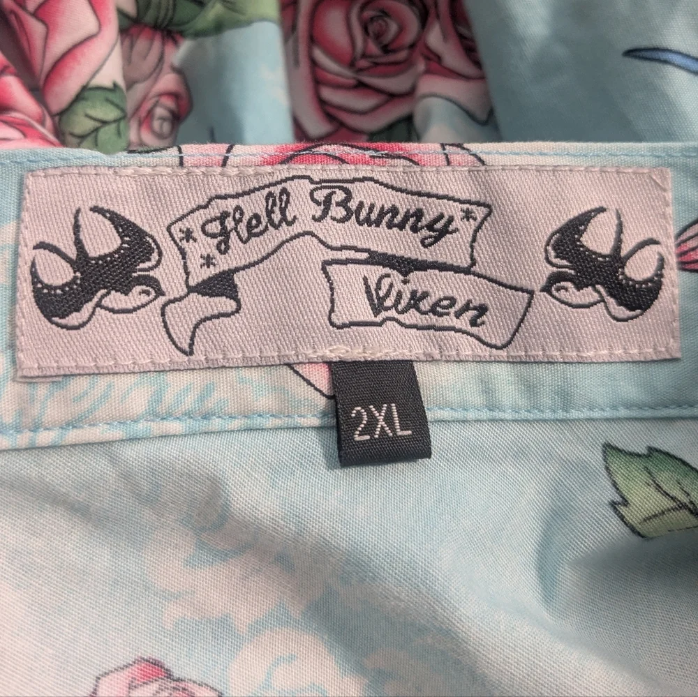 Hell Bunny Vixen Blue Floral Skirt With Birds - Picture 7 of 7